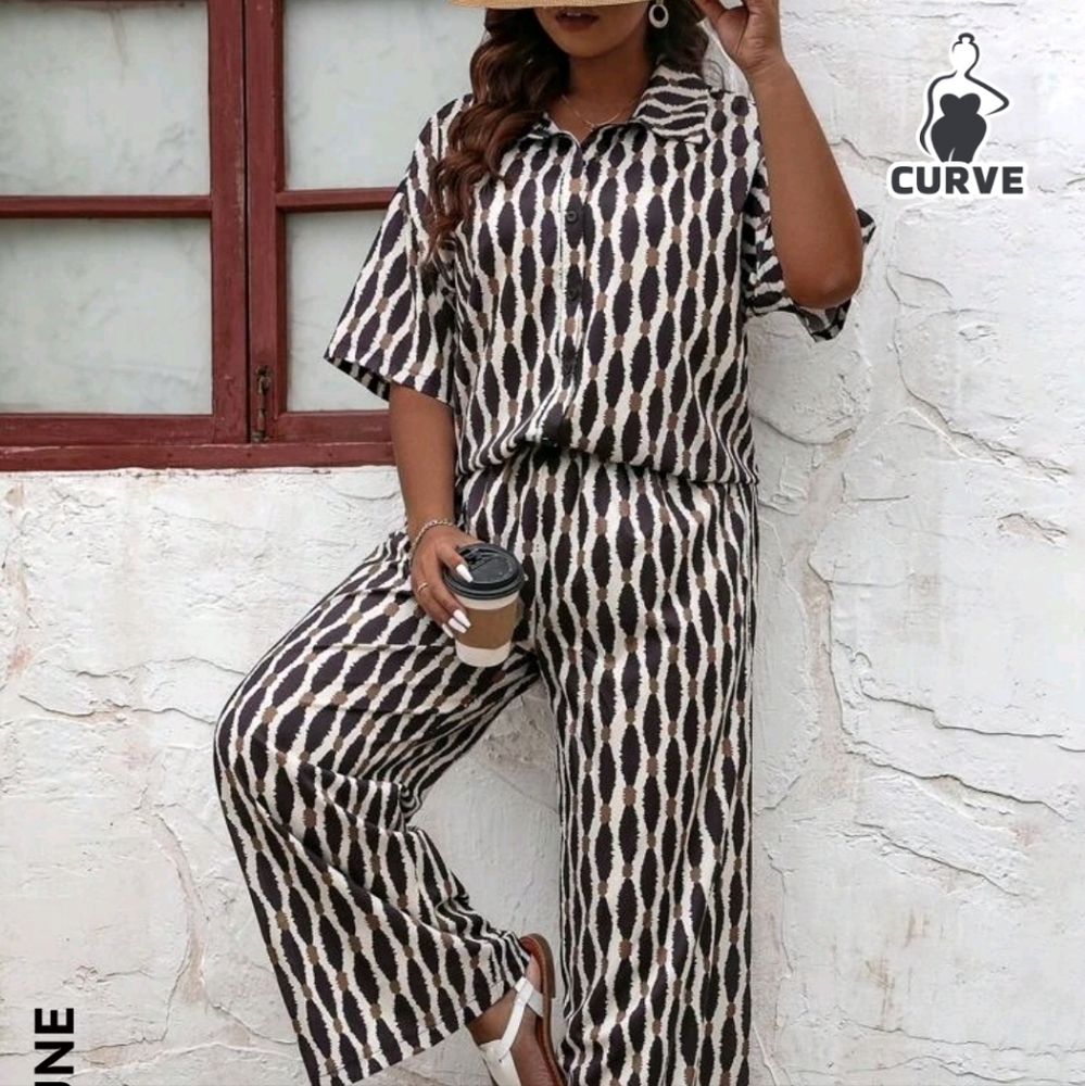 SHEIN LUNE Plus Allover Print Shirt & Wide Leg Pants. Sold out online.